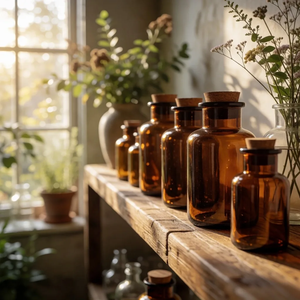 Glass apothecary bottles on a wooden shelf in warm morning light