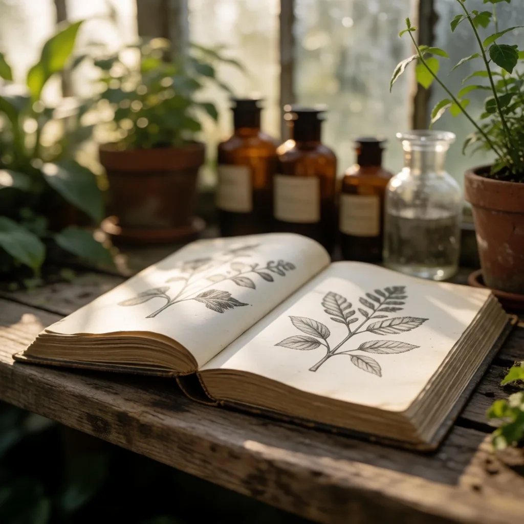 Open botanical reference book on a potting bench in morning greenhouse light