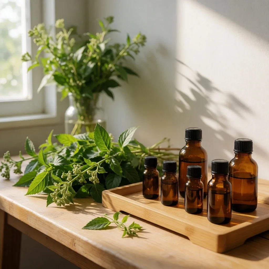 Botanical ingredients on a conservatory potting bench in morning light