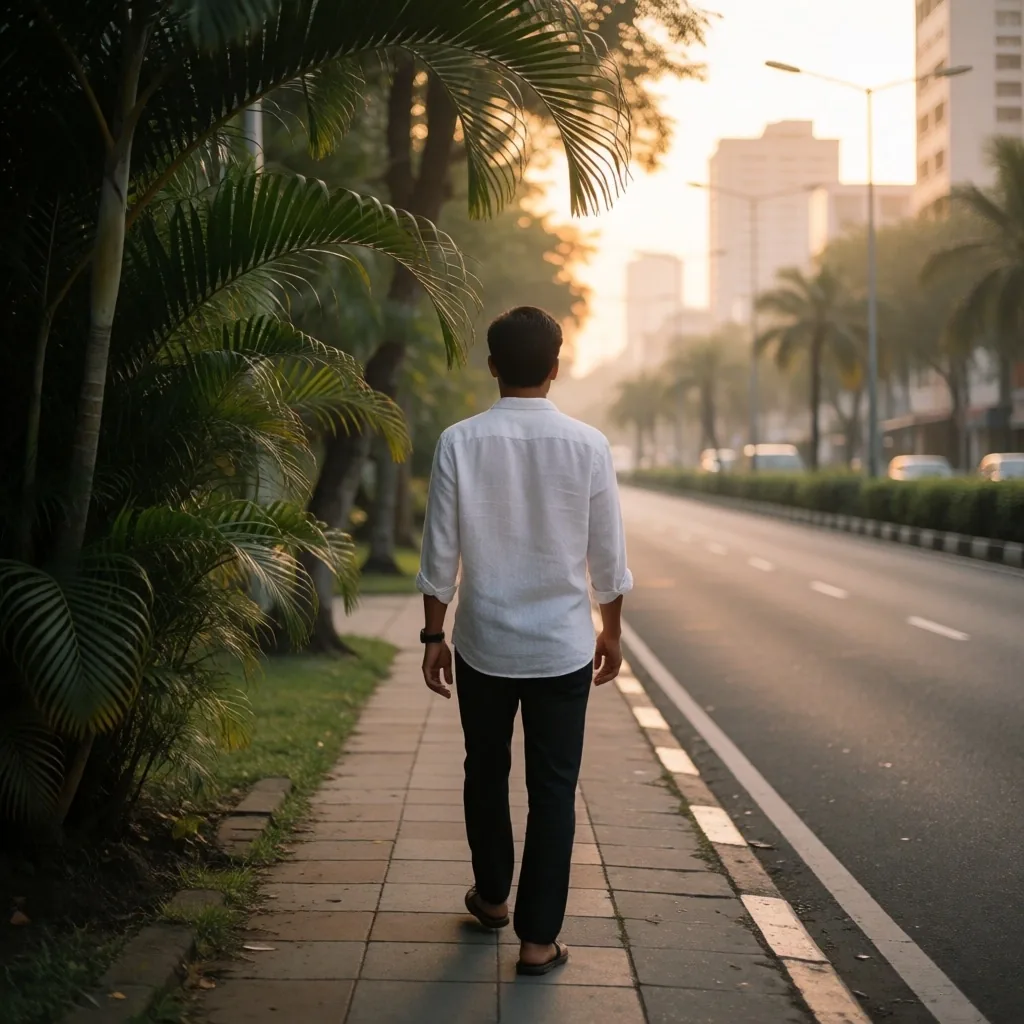 A man walking on a Jakarta street in early morning light