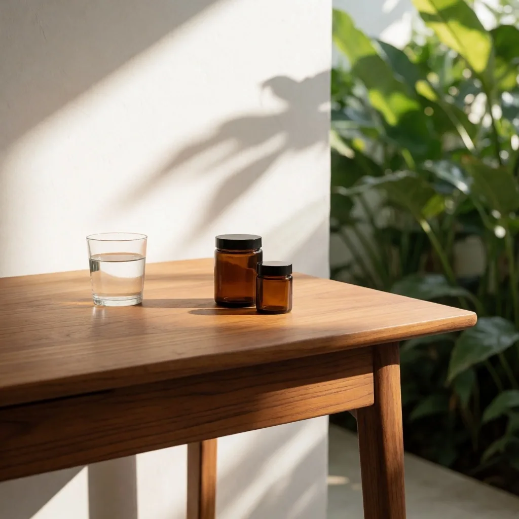 Calm study desk with apothecary bottles in morning light