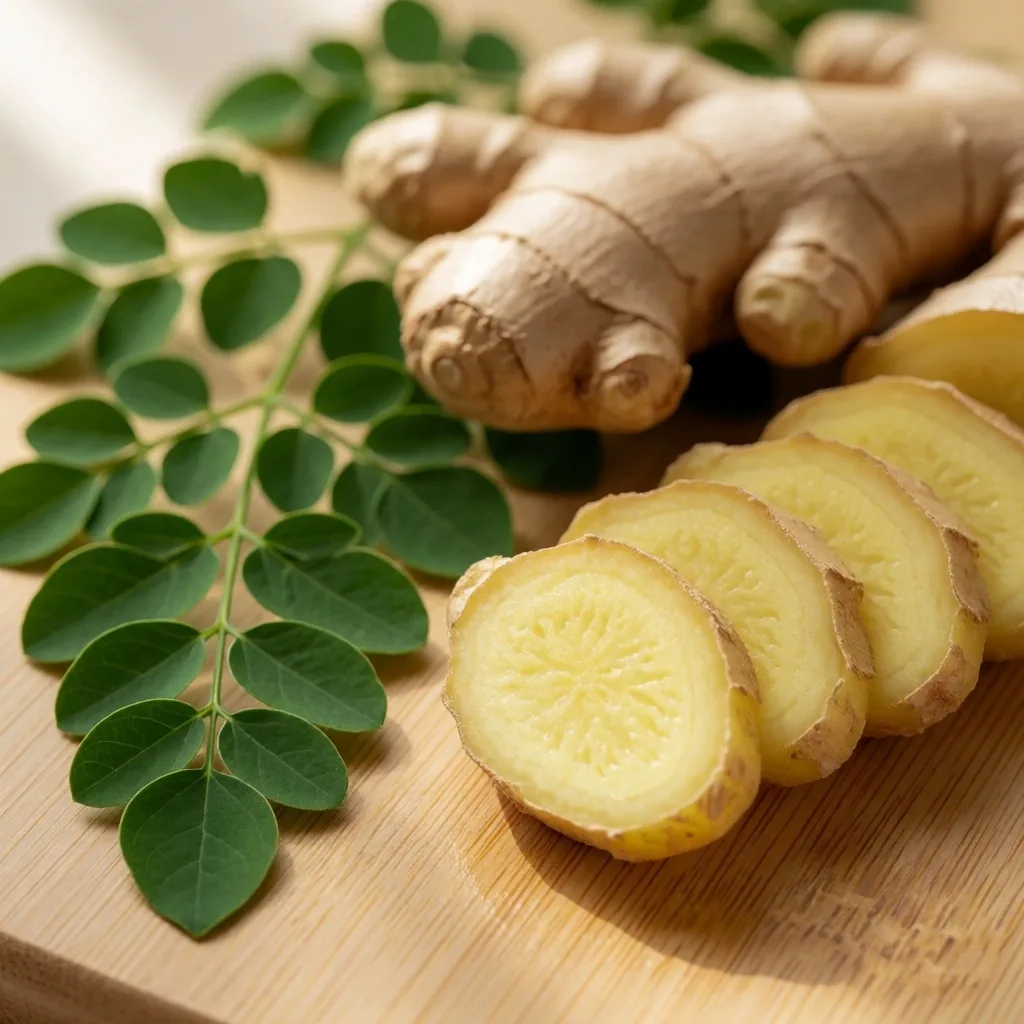 Fresh ginger root and botanical leaves on a bamboo board
