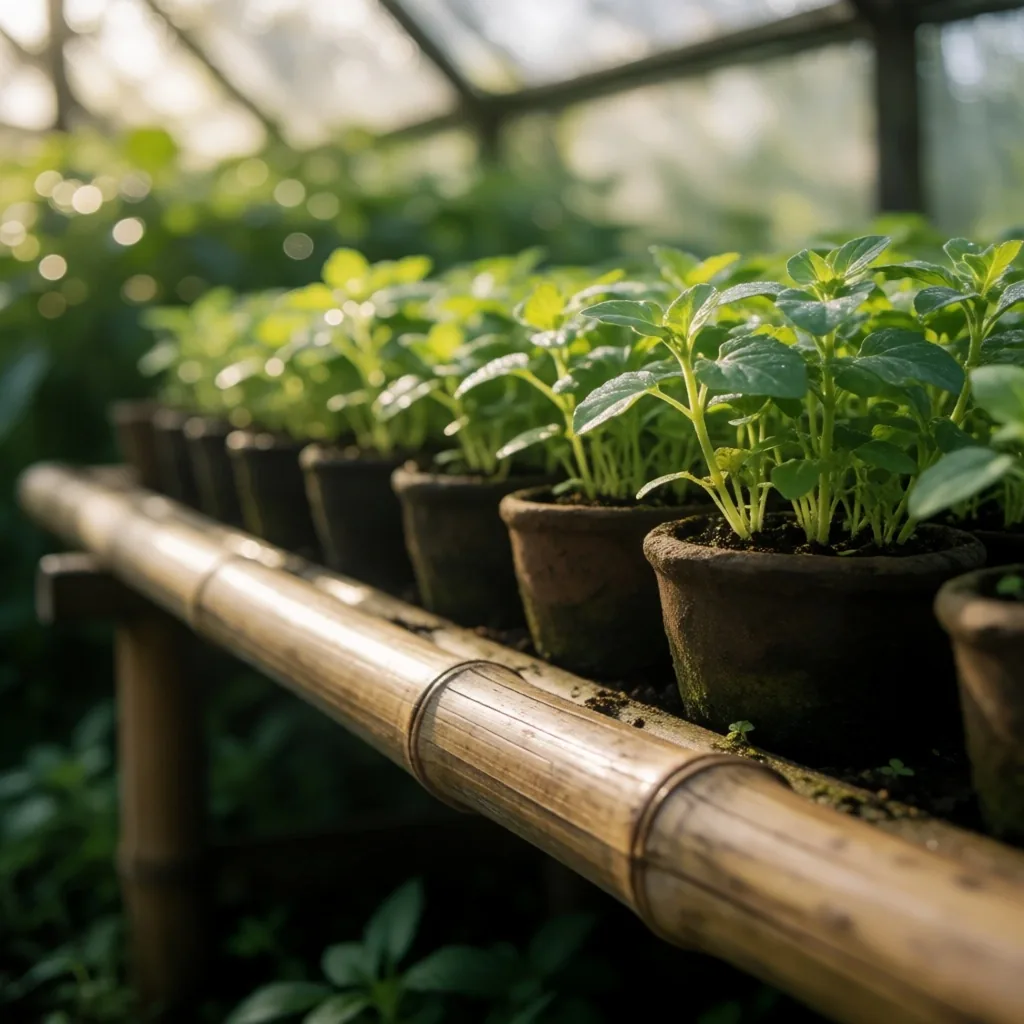 Morning light on a greenhouse potting bench with botanical seedlings