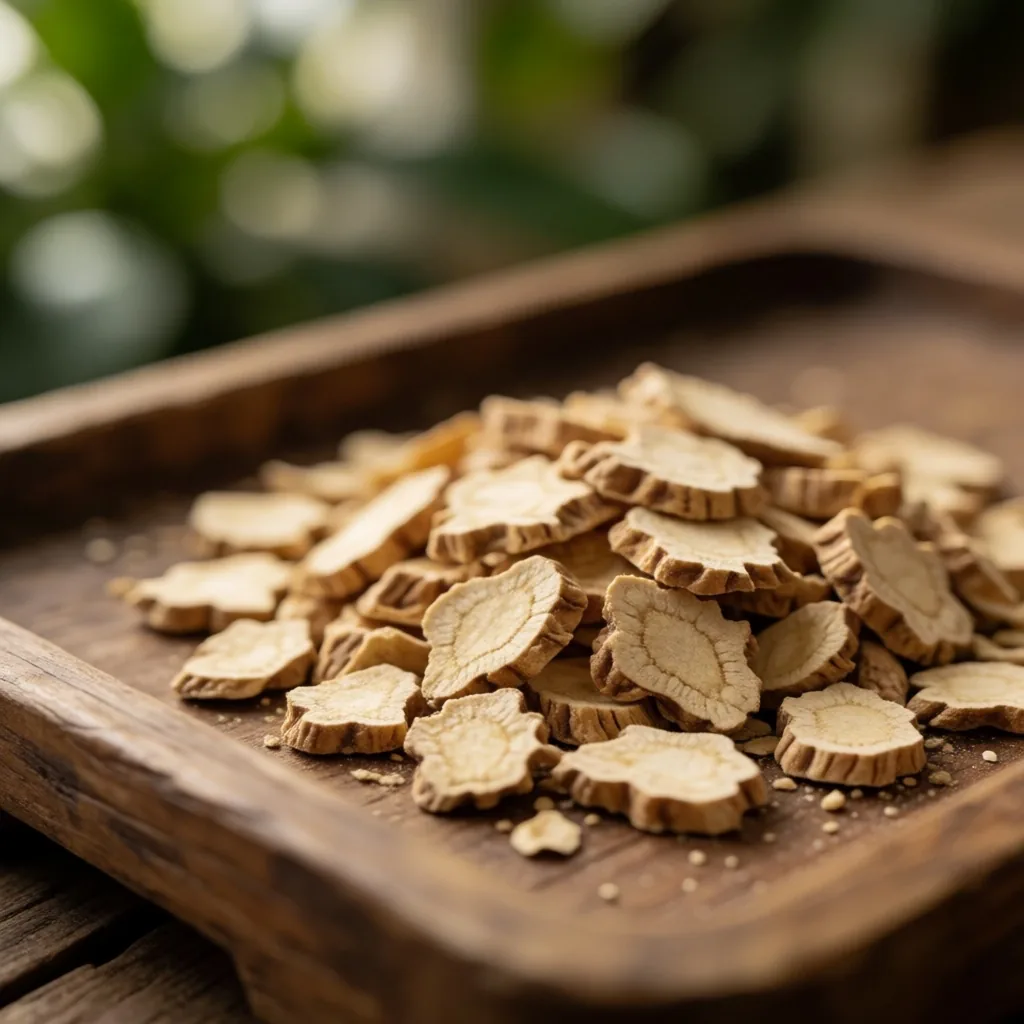 Dried ginseng root slices on bamboo paper