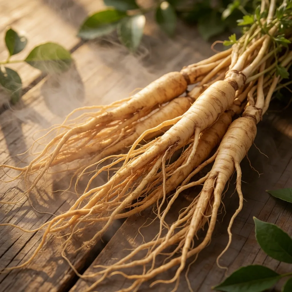 Fresh ginseng roots on a bamboo potting bench under greenhouse light