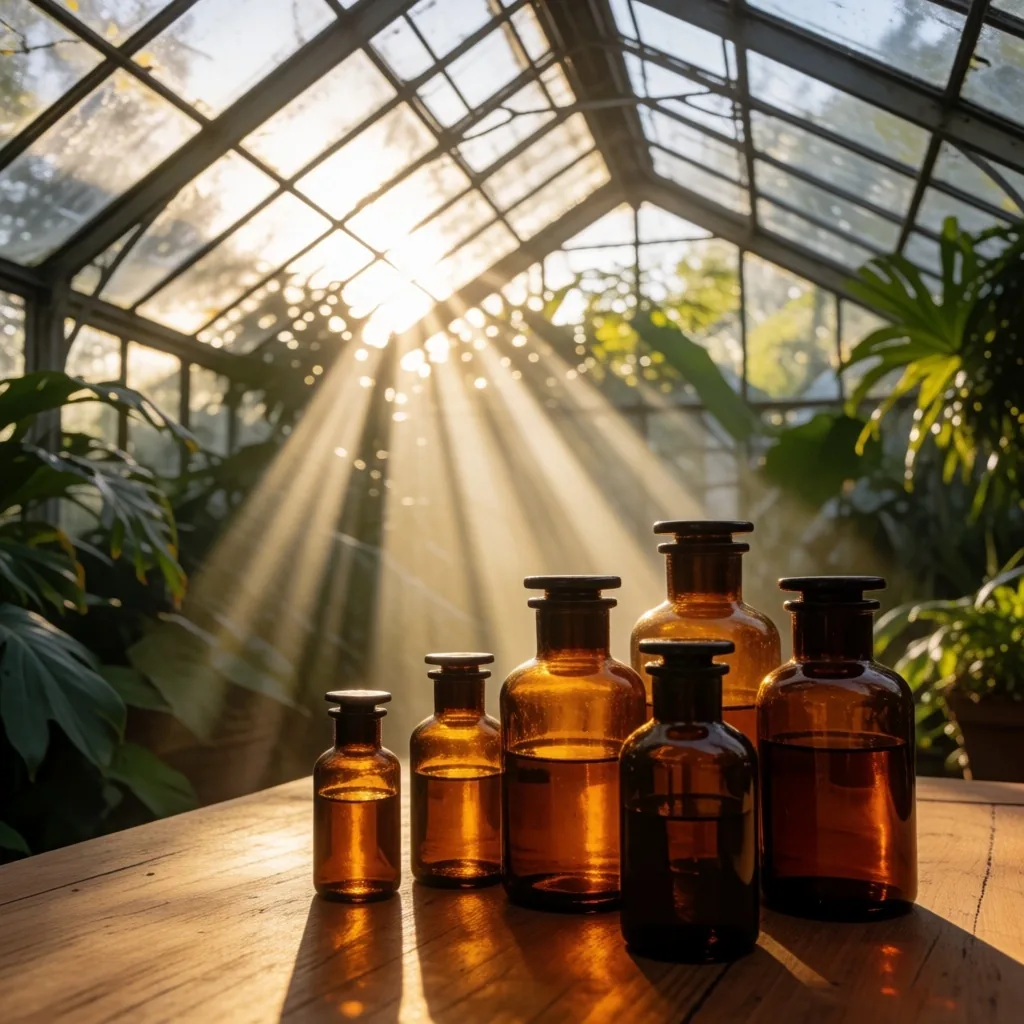 Morning sunlight through a greenhouse roof onto apothecary bottles