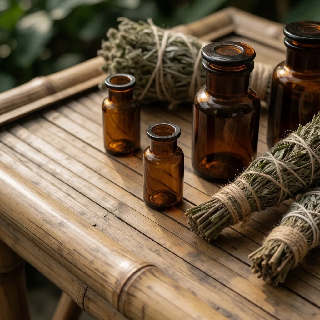 Bamboo potting bench with amber apothecary bottles