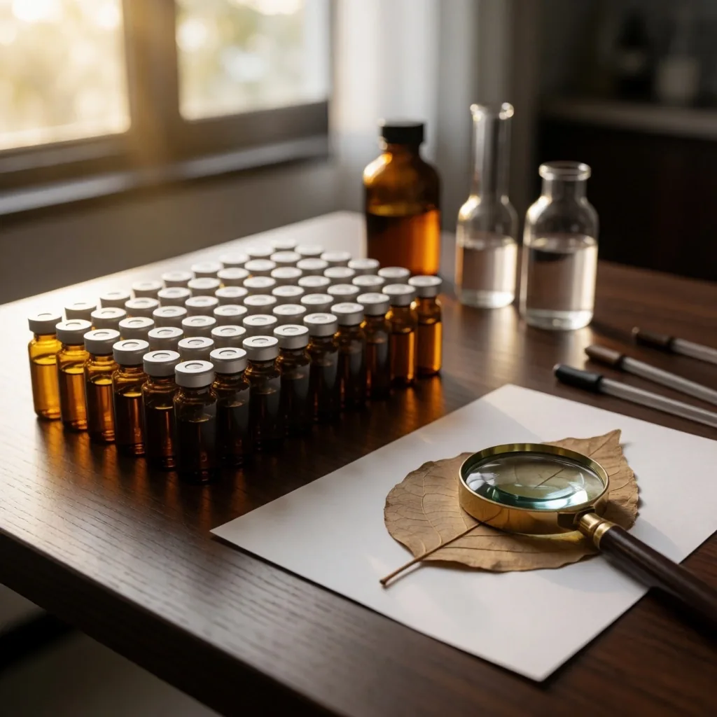 Botanical research bench with apothecary bottles and dried specimens