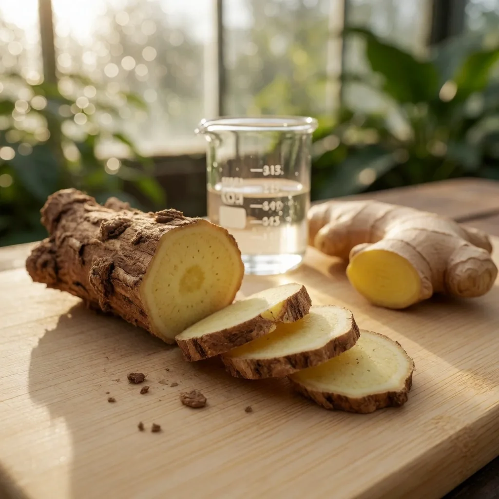 Indonesian botanical ingredients on a potting bench in morning conservatory light