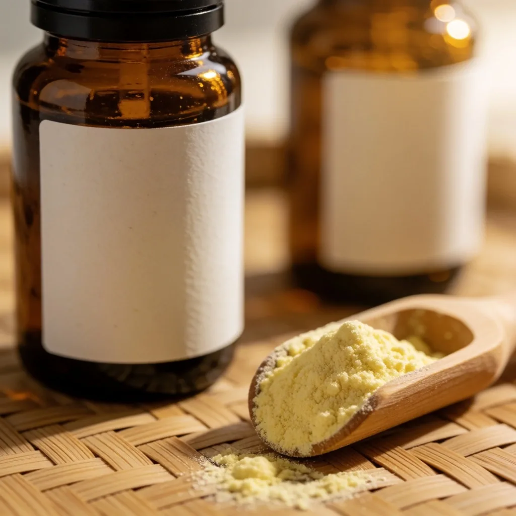 Amber glass supplement bottle on a bamboo mat with tropical leaves