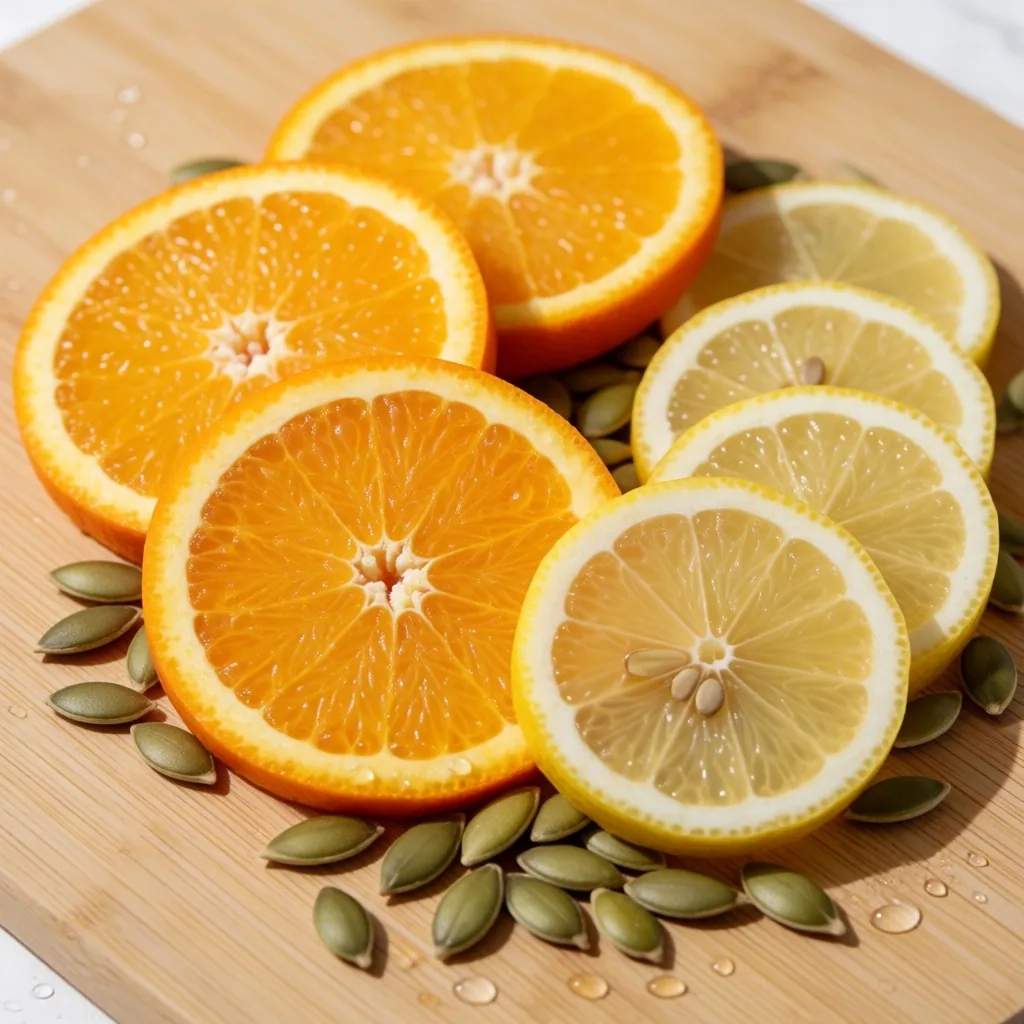 Citrus fruits and pumpkin seeds on a bamboo board