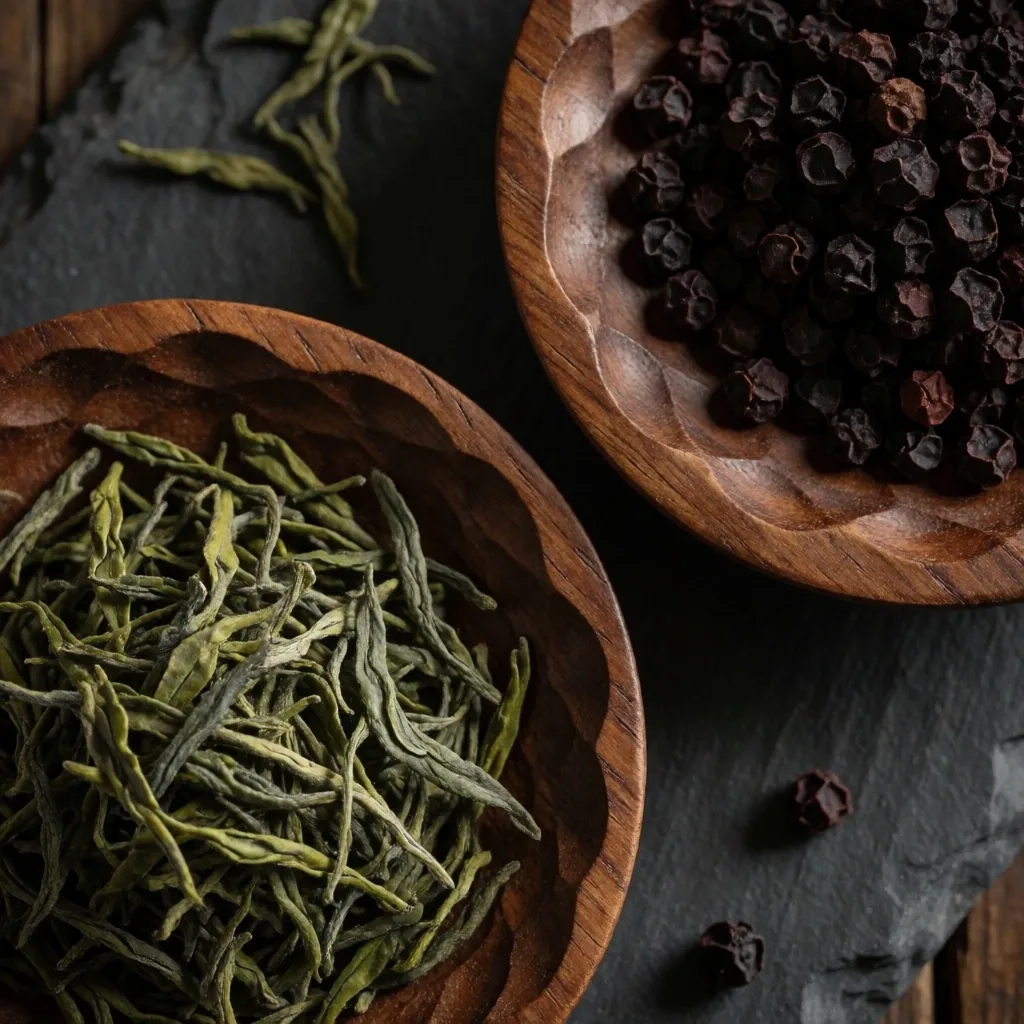 Dried green tea leaves and saw palmetto berries in wooden bowls