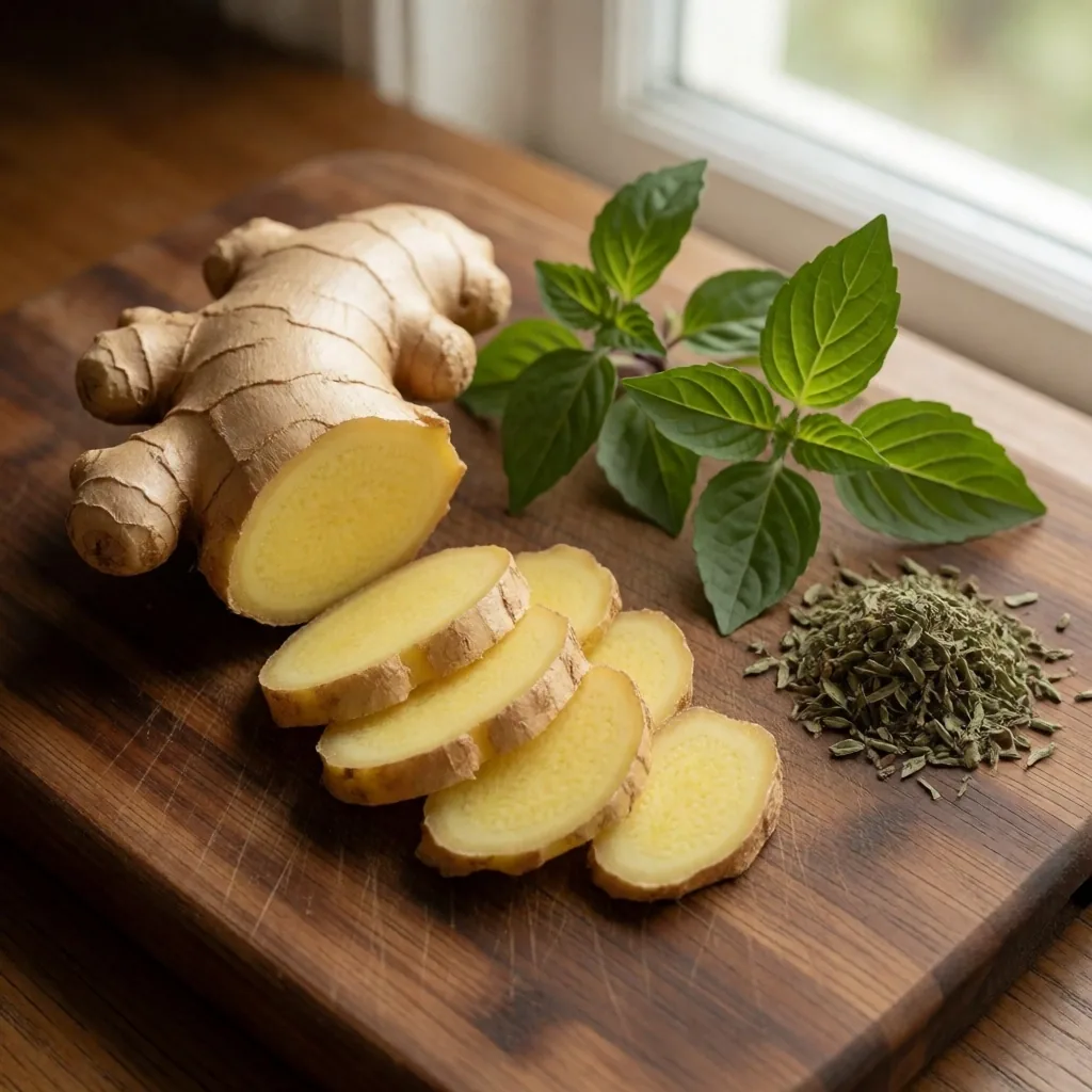 Ginger root and herbs on a bamboo board