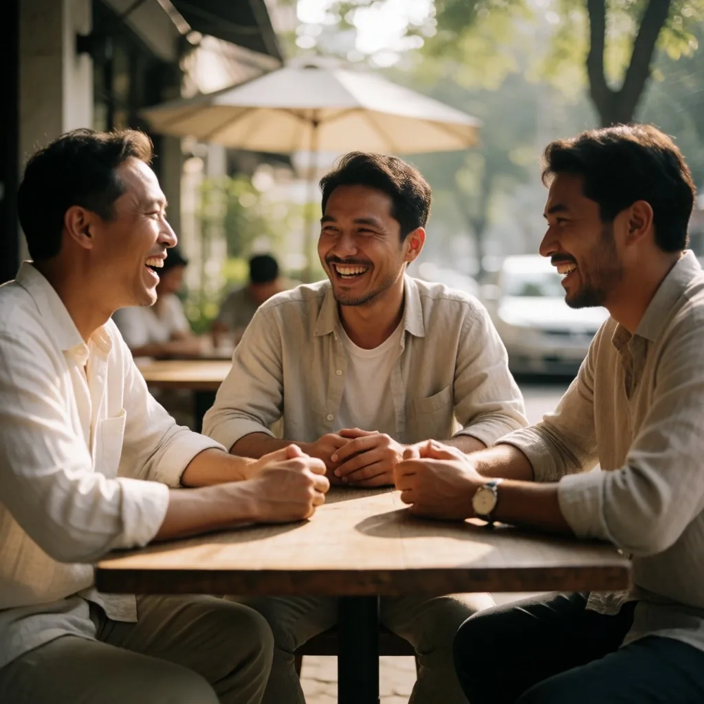 Men sharing wellness experiences at a Jakarta cafe